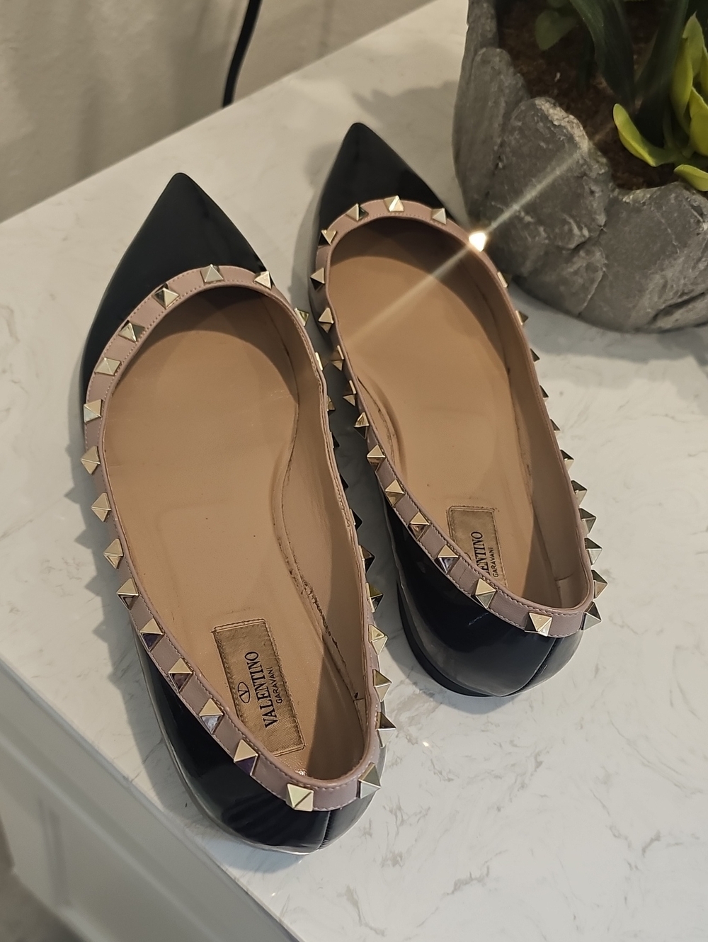 Valentino Rockstud Pointed Toe Ballerina Flats in Black and Nude